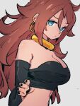  1girl android_21 bare_shoulders blue_eyes breasts dragon_ball dragon_ball_fighterz grey_background kemachiku long_hair looking_at_viewer majin_android_21 medium_breasts red_hair simple_background solo 