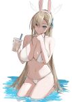  1girl absurdres animal_ears asuna_(blue_archive) asuna_(bunny)_(blue_archive) bikini blue_archive blue_eyes blue_ribbon blush breasts bubble_tea closed_mouth cropped_legs drink eyes_visible_through_hair fake_animal_ears hair_between_eyes hair_over_one_eye hairband hand_on_own_chin highres holding holding_drink large_breasts light_brown_hair long_hair mr.zhuo navel rabbit_ears ribbon seiza simple_background sitting smile solo stomach string_bikini sweatdrop swimsuit very_long_hair water white_background white_bikini white_hairband 