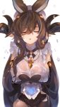  1girl animal_ears bangs blurry blurry_foreground breasts brown_hair closed_eyes cupping_hands detached_sleeves dress extra_ears facing_viewer galleon_(granblue_fantasy) gloves granblue_fantasy highres horns large_breasts long_hair mayusaki_yuu multicolored_hair neck_ribbon open_mouth pelvic_curtain pointy_ears ribbon sidelocks sleeveless sleeveless_dress solo streaked_hair upper_body water water_drop wet wet_clothes white_background white_gloves 