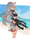  1girl absurdres animal_ears arknights bangs bare_legs black_shorts blue_sky breasts cat_ears cleavage cloud commentary_request crop_top crossbow day feet_out_of_frame grey_hair hair_over_one_eye highres holding holding_crossbow holding_weapon jacket long_hair long_sleeves looking_at_viewer medium_breasts midriff oden_(o-den) open_clothes open_jacket outdoors partial_commentary ponytail pouch schwarz_(arknights) short_shorts shorts sky solo standing stomach thigh_strap very_long_hair weapon yellow_eyes 