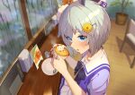  1girl bangs blue_eyes blurry blurry_background blush coffee creamer_(vessel) cup grey_hair hair_ornament hairclip holding holding_cup horse_tail indoors latte_art looking_at_viewer menu napkin napkin_holder open_mouth panda_inu plant plate potted_plant purple_shirt school_uniform seiun_sky_(umamusume) shirt short_hair sideways_mouth sitting skirt solo spoon steam sweatdrop tail tracen_school_uniform umamusume white_skirt window 