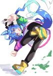  1girl :d @_@ absurdres ahoge animal_ears bangs black_legwear blue_eyes blue_hair clenched_hand commentary_request full_body heterochromia highres horse_ears horse_girl horse_tail ichi_(ichi.colors) jacket long_hair long_sleeves looking_at_viewer looking_back multicolored_hair pantyhose puffy_long_sleeves puffy_sleeves purple_eyes sharp_teeth shoes smile solo standing standing_on_one_leg tail teeth thick_eyebrows twin_turbo_(umamusume) twintails two-tone_hair umamusume very_long_hair w white_background white_jacket yellow_footwear 