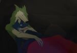  anthro bedding blanket blue_body blue_fur cuddling duo embrace fur furniture green_body green_fur hi_res magnum_(magnum) male male/male mammal sergal smile sofa tagarik tongue 