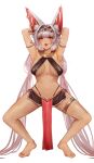  1girl animal_ears arm_behind_head armpits arms_up bangs barefoot breasts breath dark_skin facial_tattoo full_body grey_hair guardian_tales hairband highres ice_witch_lupina legs_apart long_hair looking_at_viewer medium_breasts navel official_alternate_costume onedr open_mouth revealing_clothes standing tattoo thighlet tongue tongue_out very_long_hair white_background wolf_ears wolf_girl 