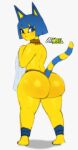  animal_crossing ankha_(animal_crossing) anthro big_butt blue_eyes blue_hair blush butt clothing domestic_cat english_text felid feline felis female frown hair hi_res holding_object holding_towel huge_butt jay-marvel looking_back mammal markings nintendo solo striped_markings striped_tail stripes tail_markings text thick_thighs thong towel underwear video_games yellow_body 