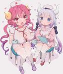  2girls apron bangs beads blue_eyes blunt_bangs bow breasts cleavage clipboard dragon_girl dragon_horns dress fang gloves hair_beads hair_bow hair_ornament hat heart highres holding holding_syringe horns ilulu_(maidragon) kanna_kamui kobayashi-san_chi_no_maidragon large_breasts long_hair long_sleeves low_twintails mary_janes multiple_girls nurse nurse_cap open_mouth oppai_loli pink_dress pink_footwear pink_hair pointy_ears red_eyes red_footwear red_hair ribbon rubber_gloves shoes short_dress short_sleeves sitting stool syringe tail thighhighs thighs twintails undersized_clothes very_long_hair white_apron white_legwear yutsumoe 