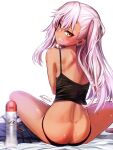  1girl ass back bangs bare_shoulders blush breasts chloe_von_einzbern condom dark-skinned_female dark_skin fate/kaleid_liner_prisma_illya fate_(series) highres long_hair looking_at_viewer lube one_side_up orange_eyes pink_hair sitting skirt skirt_removed small_breasts smile solo wisespeak 