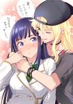  2girls amawashi_aoi backwards_hat bangs birdie_wing:_golf_girls&#039;_story black_hair blazer blonde_hair blunt_bangs blush choker commentary_request eve_(birdie_wing) green_eyes hat hug jacket long_hair multiple_girls niina_ryou purple_eyes shirt translation_request 