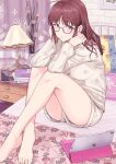  1girl :o akizuki_ritsuko antenna_hair bare_legs barefoot blush highres idolmaster idolmaster_(classic) idolmaster_million_live! indoors knees_up long_hair looking_at_viewer on_bed pajamas sheep_print sitting solo straight_hair tablet_pc tsurui 