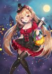  1girl aise_yuria blonde_hair breasts choker cleavage demon_wings dress fishnet_legwear fishnets halloween halloween_costume hat i-live iriam long_hair night night_sky red_eyes shione_(memento_forest) sky solo thighhighs virtual_youtuber wings witch_hat 