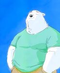  2022 anthro belly biped black_nose blue_background clothing eyes_closed hi_res kemono male mammal overweight overweight_male pommn_mn shirt simple_background solo topwear ursid 