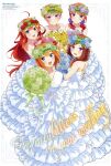  5girls :d absurdres bare_shoulders blue_eyes blue_flower blue_rose breasts brown_hair closed_mouth collarbone dress floating_hair flower from_above go-toubun_no_hanayome green_flower green_rose hair_over_shoulder head_wreath highres layered_dress long_dress long_hair looking_at_viewer looking_up medium_breasts multiple_girls nakano_ichika nakano_itsuki nakano_miku nakano_nino nakano_yotsuba open_mouth pink_hair purple_flower purple_rose quintuplets red_hair rose shiny shiny_hair short_hair shoulder_blades smile strapless strapless_dress sugimura_ayako wedding_dress white_dress white_flower white_rose yellow_flower yellow_rose 