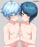  2boys ahoge androgynous arched_back asymmetrical_hair bandaid bandaids_on_nipples bangs blue_eyes blue_hair blush chinese_commentary chongyun_(genshin_impact) collarbone commentary_request eyelashes genshin_impact grey_background hair_between_eyes holding_hands jjw1029 male_focus multiple_boys navel nude otoko_no_ko parted_lips pasties shadow shiny shiny_skin twitter_username xingqiu_(genshin_impact) yaoi yellow_eyes 