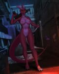 2022 5_fingers anthro areola breasts city claws detailed_background digital_media_(artwork) dragon eyebrows eyelashes female fingers genitals hi_res horn night nipples non-mammal_breasts outside pussy red_eyes skiba613 solo standing wingless_dragon 