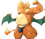  absurd_res anthro bulge charizard clothed clothing fire flaming_tail flexing green_eyes hi_res maldu male musclegut muscular muscular_anthro muscular_male nintendo nipples orange_body pecs pok&eacute;mon pok&eacute;mon_(species) simple_background solo speedo swimwear topless video_games white_background wings 