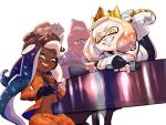  boots breasts cleavage dark-skinned_female dark_skin fingerless_gloves formal gloves headphones highres instrument looking_at_viewer marina_(splatoon) microphone mole mole_under_mouth music navel octarian on_piano open_clothes open_shirt orange_suit pearl_(splatoon) piano playing_instrument playing_piano smile splatoon_(series) splatoon_3 stomach stup-jam suit tentacle_hair 