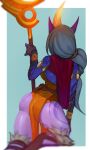  absurd_res bare_legs butt clothed clothed_female clothing dress female glowing glowing_horn hair hi_res hironsfw horn horned_humanoid humanoid humanoid_pointy_ears kneeling league_of_legends long_hair on_one_leg ponytail purple_body purple_skin rear_view riot_games solo soraka staff standing tattoo video_games weapon white_hair wide_hips 