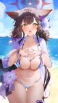  1girl animal_ears bangs beach bikini blue_archive blush bow breasts brown_hair cleavage cowboy_shot day flower hair_bow hair_flower hair_ornament halo hands_on_own_chest highres ichibi jacket jacket_on_shoulders large_breasts long_hair looking_at_viewer nail_polish navel open_mouth outdoors purple_bow purple_flower purple_nails solo stomach string_bikini swimsuit thigh_gap thighhighs twintails very_long_hair wakamo_(blue_archive) wakamo_(swimsuit)_(blue_archive) white_bikini yellow_eyes 