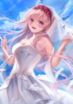  1girl :d absurdres bare_arms blue_sky breasts bridal_veil cleavage day dress floating_hair flower hair_flower hair_ornament head_wreath highres long_hair looking_at_viewer medium_breasts open_mouth outdoors petals pink_hair princess_connect! purple_eyes red_flower red_rose rose ryuna_(inc_moon) sash sky smile solo standing strapless strapless_dress tsumugi_(princess_connect!) veil very_long_hair wedding_dress white_dress 