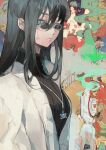  1girl abstract_background absurdres black_hair blue_eyes chocolate_(jitong) coat glasses highres jewelry looking_to_the_side necklace original sweater turtleneck turtleneck_sweater white_coat 