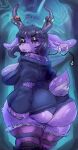  absurd_res anthro big_breasts big_butt breasts butt cervid clothing ear_piercing female fur hi_res horn kiseff legwear looking_at_viewer looking_back looking_back_at_viewer mammal panties piercing purple_body purple_fur solo sweater thick_thighs topwear underwear 