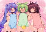  3girls ahoge animal_ears blue_eyes blue_hair blush bracelet breasts brown_hair covered_navel covered_nipples covering fang green_hair hair_between_eyes hair_ornament hairclip headgear highres holding_another&#039;s_wrist jewelry long_hair looking_at_viewer lying multiple_girls nude_cover null_(nyanpyoun) on_back open_mouth otomachi_una red_eyes rubber_duck short_hair small_breasts talkex tan tanlines touhoku_kiritan towel voiceroid voicevox wet yellow_eyes zundamon 
