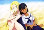  2girls absurdres bare_arms bare_legs barefoot beach black_hair blonde_hair blue_eyes blue_neckerchief blue_skirt closed_eyes closed_mouth collarbone collared_shirt crossed_arms dark-skinned_female dark_skin day floating_hair highres kofune_mio kofune_ushio long_hair long_skirt looking_at_viewer multiple_girls neckerchief outdoors pleated_skirt sailor_collar school_swimsuit school_uniform serafuku shell_necklace shirt short_hair sitting skirt smile summertime_render swimsuit very_long_hair white_sailor_collar white_shirt 