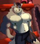 5_fingers abs absurd_res anthro backwards_baseball_cap backwards_hat baseball_cap big_muscles big_pecs black_nose bloodi_pawz bottomwear bulge canid canine canis cartoon_network clothing countershade_torso countershading cutoffs denim denim_clothing drawstring_shorts fingers fur grey_body grey_fur hair_through_hat hat headgear headwear hi_res leaning leaning_against_wall leaning_back looking_at_viewer male mammal muscular muscular_anthro muscular_male navel nipples open_mouth pecs sharp_teeth shelf shirtless_anthro shirtless_male shorts solo standing teeth we_baby_bears wolf wolf_(we_baby_bears) yellow_sclera 