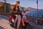  1girl absurdres artist_name beach blue_eyes city driving goggles goggles_on_headwear ground_vehicle helmet high_heels highres hill motor_vehicle motorcycle mountain ocean original parted_lips red_hair shore thien_ngo 
