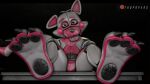  3d_(artwork) animatronic big_feet claws digital_media_(artwork) eyebrows feet female five_nights_at_freddy&#039;s foot_focus funtime_foxy_(fnaf) furniture hi_res living_machine looking_at_viewer machine makeup pink_body raised_eyebrow robot scottgames sharp_teeth sitting sitting_on_table smile solo source_filmmaker table teeth toe_claws twopapers video_games white_body 