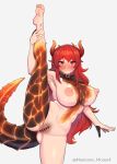  1girl ass bangs barefoot blush breasts censored closed_eyes dola_(nijisanji) dragon_horns dragon_tail highres horns long_hair looking_at_viewer nijisanji nipples nude pubic_stubble pussy red_eyes red_hair solo split standing standing_on_one_leg standing_split tail virtual_youtuber yoshiwa_tomo 