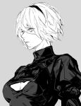  1girl bangs breasts cleavage cleavage_cutout clothing_cutout dress from_side grey_background greyscale hairband highres juliet_sleeves long_sleeves medium_breasts mole mole_under_mouth monochrome nier_(series) nier_automata nishiii26miii parted_lips portrait puffy_sleeves short_hair solo yorha_no._2_type_b 