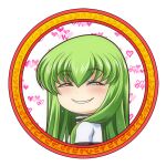  1girl anya&#039;s_heh_face_(meme) blush bodysuit c.c. circle code_geass commentary_request eyebrows_behind_hair eyes_visible_through_hair green_hair hair_between_eyes heart kaname_aomame knights_of_the_round_uniform long_hair looking_to_the_side meme parody round_image smile solo spy_x_family transparent_background white_bodysuit yellow_eyes 