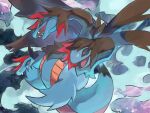  absurdres black_eyes fangs gara_(qbeuxvii22) highres hydreigon looking_down no_humans open_mouth pokemon pokemon_(creature) red_pupils smile smoke solo 