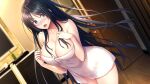  1girl bangs bare_arms black_hair blue_eyes blurry blurry_background blush boku_to_kanojo_no_kojin_lesson breasts collarbone dutch_angle embarrassed floating_hair game_cg hair_between_eyes hinazuka_ryou large_breasts long_hair looking_at_viewer naked_towel open_mouth reflection shiny shiny_hair solo standing straight_hair towel tsukimori_misaki very_long_hair wet wet_hair wooden_floor 
