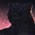  2022 black_body black_fur black_nose detailed_background digital_media_(artwork) felid fur leopard mammal night outside pantherine purple_eyes rogueliger sky smile star starry_sky whiskers 