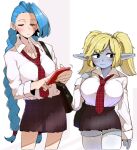  2girls alternate_costume between_breasts black_eyes blonde_hair blue_eyes blue_hair blush breasts cellphone charm_(object) closed_mouth earrings fingernails half-closed_eyes highres holding holding_phone jewelry jinx_(league_of_legends) league_of_legends long_hair multiple_girls necktie necktie_between_breasts ohasi phone plaid plaid_necktie plaid_skirt pointy_ears poppy_(league_of_legends) purple_skirt red_necktie skirt sleeves_past_wrists thighhighs twintails very_long_hair white_legwear yordle zipper zipper_pull_tab 