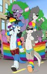  anthro asexual_pride_colors blankieplush clothing group hi_res lgbt_history_month lgbt_pride lutrine male male/male mammal mustelid parade plushie pride_color_clothing pride_colors 
