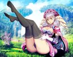  1girl ass black_legwear breasts cape cleavage cliff dress genzoman gloves grass grey_hair legs_up looking_at_viewer melia_antiqua mountain panties parted_lips sitting smile solo staff thighhighs toes underwear xenoblade_chronicles_(series) xenoblade_chronicles_1 