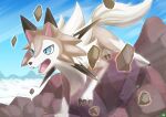  absurdres blue_eyes commentary_request day fangs glowing hatoro_kuroyoshi highres lycanroc no_humans open_mouth outdoors pokemon pokemon_(creature) rock sky solo tongue 