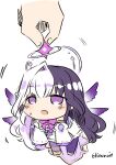  1girl 1other black_hair carrying character_name check_copyright chibi copyright_request dress eileennoir full_body halo highres indie_virtual_youtuber multicolored_hair purple_eyes sesield simple_background two-tone_hair virtual_youtuber white_background white_dress white_hair wings 