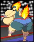  2022 anthro arm_wraps big_breasts big_butt breasts butt clothing deonwolf digital_media_(artwork) eyelashes female fighting_ring fire hi_res huge_breasts huge_butt hyper hyper_breasts leg_wraps looking_back nintendo pok&eacute;mon pok&eacute;mon_(species) quilava shawna_(sandslash) signature solo thick_thighs video_games wraps 