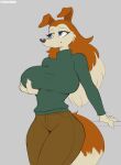  anthro big_breasts blue_eyes breast_grab breasts brown_body brown_fur canid canine canis clothed clothing colleen collie cooliehigh domestic_dog female fur hand_on_breast herding_dog hi_res mammal pastoral_dog road_rovers rough_collie sheepdog simple_background smile solo 