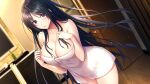  1girl :o bangs bare_arms black_hair blue_eyes blurry blurry_background blush boku_to_kanojo_no_kojin_lesson breasts collarbone dutch_angle floating_hair game_cg hair_between_eyes hinazuka_ryou large_breasts long_hair looking_at_viewer naked_towel open_mouth reflection shiny shiny_hair solo standing straight_hair towel tsukimori_misaki very_long_hair wet wet_hair wooden_floor 