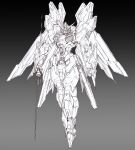  beam_saber clenched_hand destiny_gundam grey_background greyscale gundam gundam_seed gundam_seed_destiny highres holding holding_sword holding_weapon looking_at_viewer mecha mechanical_wings mobile_suit monochrome no_humans robot solo sword v-fin weapon wings yuu_(s_graphics_tri) 