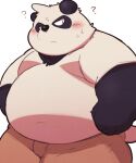  2022 96tning anthro belly big_belly black_body black_nose blush bodily_fluids bottomwear clothing giant_panda kemono male mammal overweight overweight_male pants question_mark shirt simple_background solo sweat topwear ursid white_body 