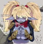  1girl ? armor blonde_hair blue_skin blush breasts closed_eyes closed_mouth colored_skin eyes_visible_through_hair fingernails grey_background hair_between_eyes hammer index_fingers_together large_breasts league_of_legends long_hair lower_teeth ohasi open_mouth pauldrons pointy_ears poppy_(league_of_legends) poro_(league_of_legends) red_scarf scarf shoulder_armor simple_background skindentation solo_focus talking teeth tongue tongue_out twintails vambraces weapon weapon_on_back yordle 