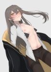  1girl absurdres bangs black_bra black_jacket black_legwear blush bra bra_pull breasts brown_eyes clothes_pull eyes_visible_through_hair feet_out_of_frame girls&#039;_frontline grey_hair highres jacket jacket_pull long_hair long_sleeves looking_at_viewer navel nipples open_clothes open_jacket open_mouth open_shirt panties panties_under_pantyhose pantyhose re1kirisaki342 scar scar_across_eye shirt side_ponytail simple_background small_breasts solo standing stomach ump45_(girls&#039;_frontline) underwear white_panties white_shirt 