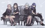  4girls black_hair brown_hair chair character_request colorful_palette copyright_request grey_hair hands_on_lap high_heels kneeling leather_chair microphone multiple_girls purple_hair sega simple_background sitting sketch skirt 