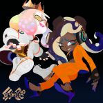 2girls breasts cleavage commentary crown dark-skinned_female dark_skin english_commentary fangs fingerless_gloves gloves headphones high_heels highres inoue_seita jacket looking_at_viewer marina_(splatoon) mole mole_under_mouth multiple_girls official_art open_clothes open_shirt orange_suit pearl_(splatoon) shoes smile sneakers splatoon_(series) splatoon_3 symbol-shaped_pupils tentacle_hair 